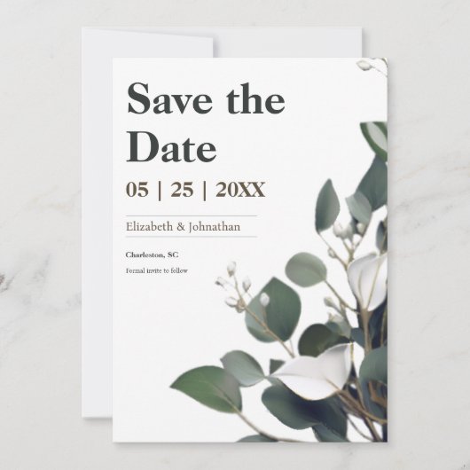 Moderne eucalyptus foto save the date (Voorkant)