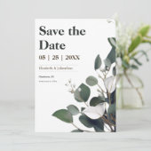 Moderne eucalyptus foto save the date (Staand voorkant)