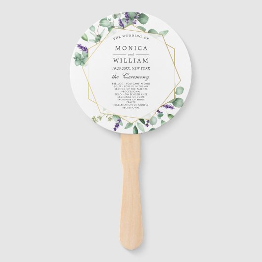 Moderne Eucalyptus gebladerte bruiloft programma Handwaaier (Voorkant)