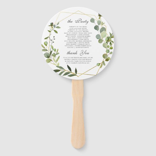 Moderne Eucalyptus gebladerte bruiloft programma Handwaaier (Achterkant)