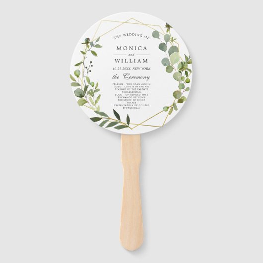Moderne Eucalyptus gebladerte bruiloft programma Handwaaier (Voorkant)