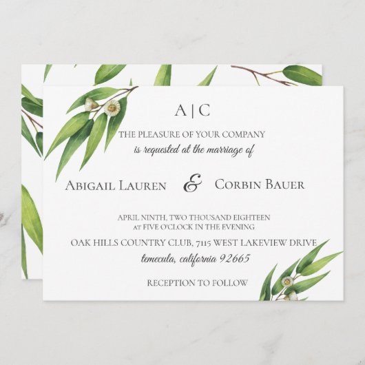 Moderne Eucalyptus gebladerte bruiloft uitnodiging (Voorkant / Achterkant)