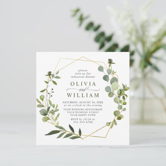 Moderne Eucalyptus Geometric Lijst REHEARSAL DINNE Kaart (Staand voorkant)