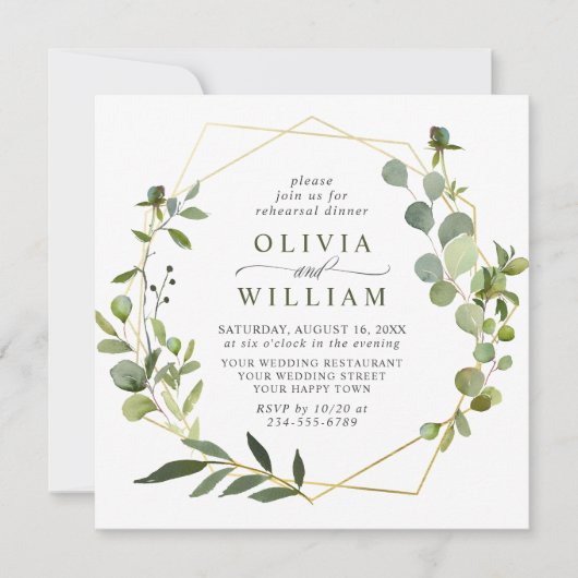 Moderne Eucalyptus Geometric Lijst REHEARSAL DINNE Kaart (Voorkant)