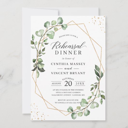 Moderne Eucalyptus Geometric Rehearsal Dinner Kaart (Voorkant)