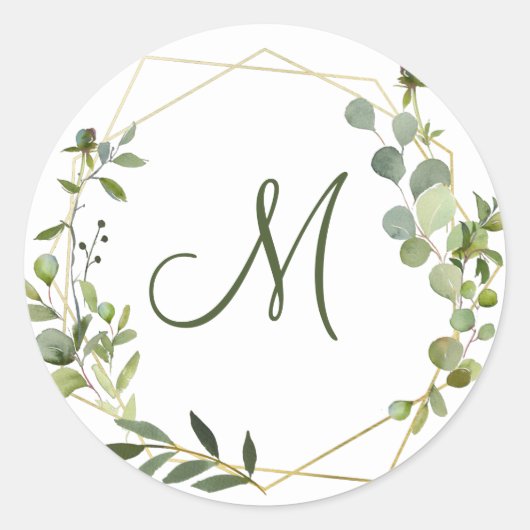 Moderne Eucalyptus Geometrisch Kader MONOGRAM Ronde Sticker (Voorkant)