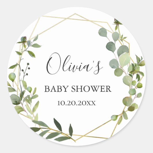 Moderne Eucalyptus Geometrische Frame Baby Shower Ronde Sticker (Voorkant)
