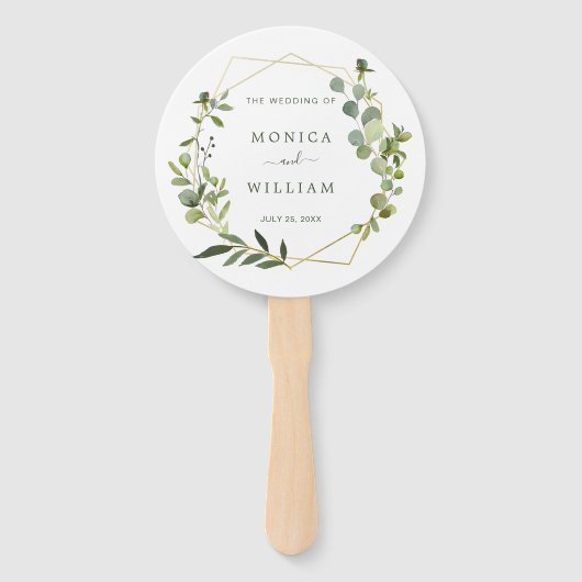 Moderne Eucalyptus Geometrische Frame Bruiloft Handwaaier (Voorkant)