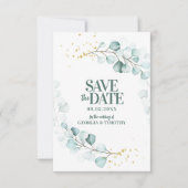 Moderne Eucalyptus Gold Sparkles Save The Date (Voorkant)