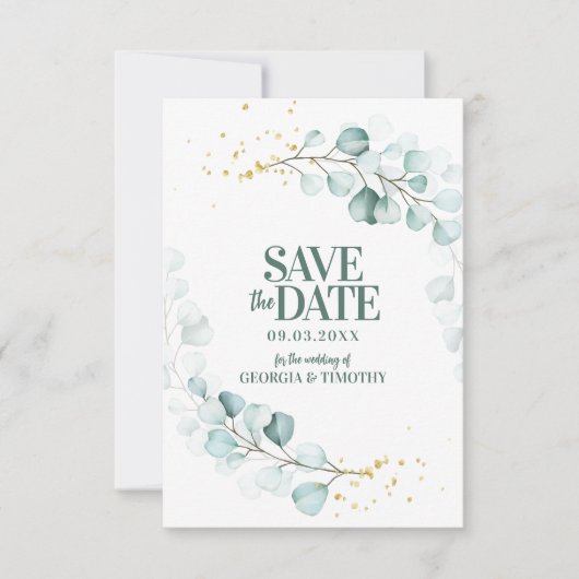 Moderne Eucalyptus Gold Sparkles Save The Date (Voorkant)