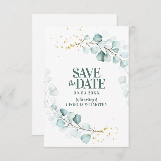 Moderne Eucalyptus Gold Sparkles Save The Date (Voorkant / Achterkant)