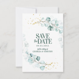 Moderne Eucalyptus Gold Sparkles Save The Date