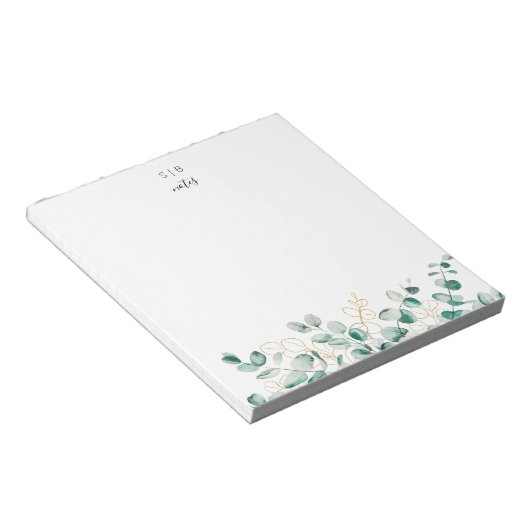 Moderne Eucalyptus Green Gold Custom Monogram Notitieblok (Schuin)