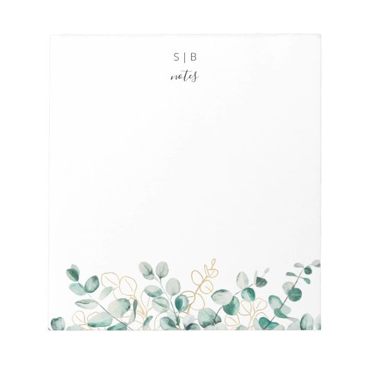 Moderne Eucalyptus Green Gold Custom Monogram Notitieblok (Voorkant)