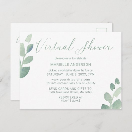 Moderne Eucalyptus Green Waterverf Virtual Shower Briefkaart (Voorkant / Achterkant)