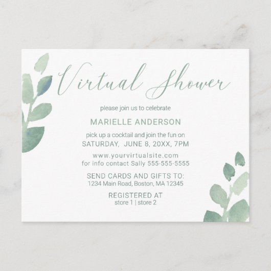 Moderne Eucalyptus Green Waterverf Virtual Shower Briefkaart (Voorkant)