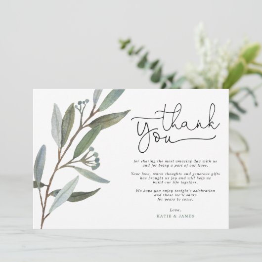 Moderne Eucalyptus Greenery bruiloft Dank u kaart (Staand voorkant)