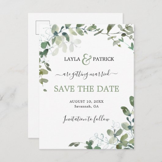 Moderne Eucalyptus Greenery slaat de datum op Briefkaart (Voorkant / Achterkant)