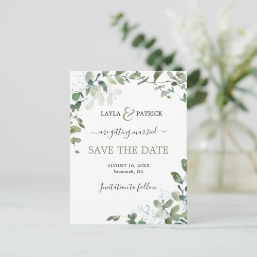 Moderne Eucalyptus Greenery slaat de datum op Briefkaart (Staand voorkant)