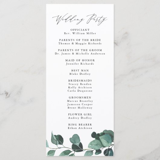 Moderne eucalyptus groen bruiloft ceremonie programmakaart (Achterkant)