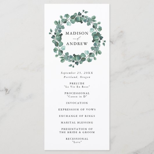 Moderne eucalyptus groen bruiloft ceremonie programmakaart (Voorkant)