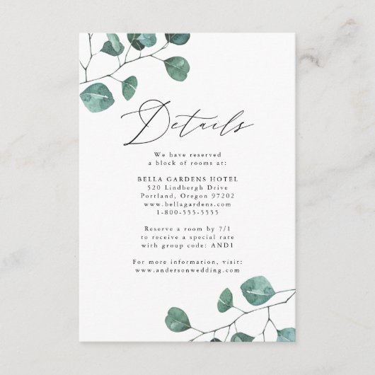 Moderne eucalyptus groen bruiloft details informatiekaartje (Voorkant)