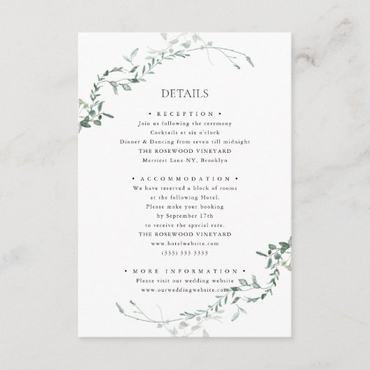 Moderne eucalyptus groen elegante tuin bruiloft informatiekaartje (Voorkant)