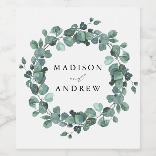 Moderne eucalyptus groen gepersonaliseerde bruilof wijn etiket (Enkel label)