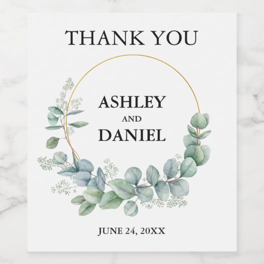 Moderne eucalyptus groen gouden bruiloft wijn etiket (Enkel label)