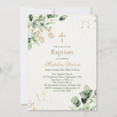 Moderne eucalyptus groen gouden kruis doop kaart (Voorkant)