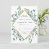Moderne Eucalyptus groen gouden Lijst bruiloft Kaart (Staand voorkant)