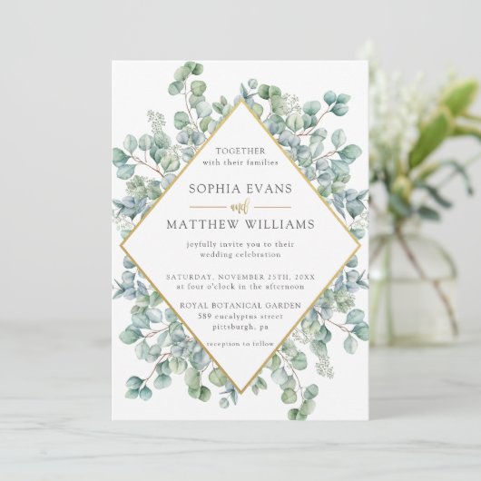 Moderne Eucalyptus groen gouden Lijst bruiloft Kaart (Staand voorkant)