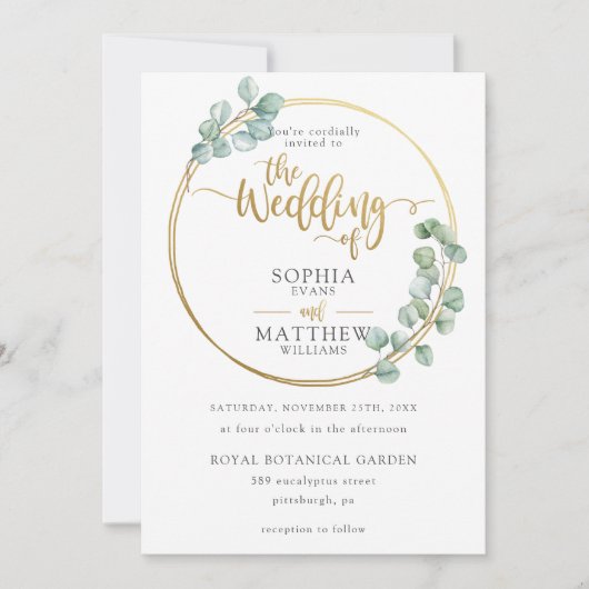 Moderne Eucalyptus groen gouden Lijst bruiloft Kaart (Voorkant)