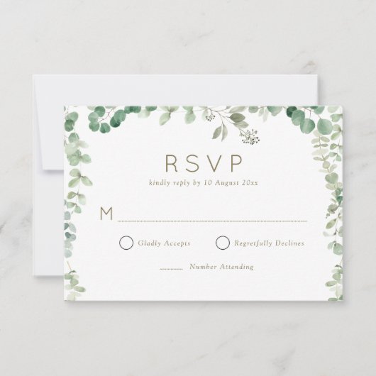 moderne eucalyptus groen RSVP kaart (Voorkant)