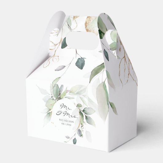 Moderne Eucalyptus Groene Goud Mr. & Mrs. Geschenk Bedankdoosjes (Voorkant Zijde)