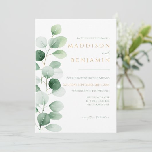 Moderne Eucalyptus Groene Huwelijk Kaart (Staand voorkant)