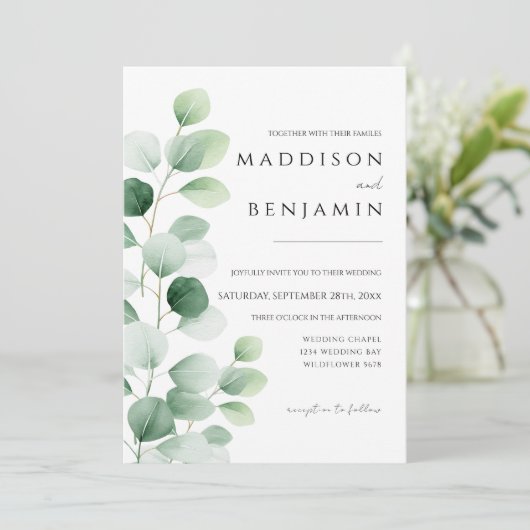Moderne Eucalyptus Groene Huwelijk Kaart (Staand voorkant)