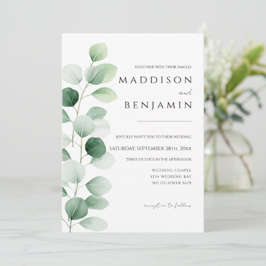 Moderne Eucalyptus Groene Huwelijk Kaart (Staand voorkant)