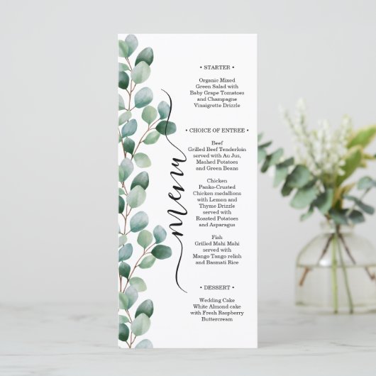 Moderne Eucalyptus Groene Huwelijk Menu (Staand voorkant)