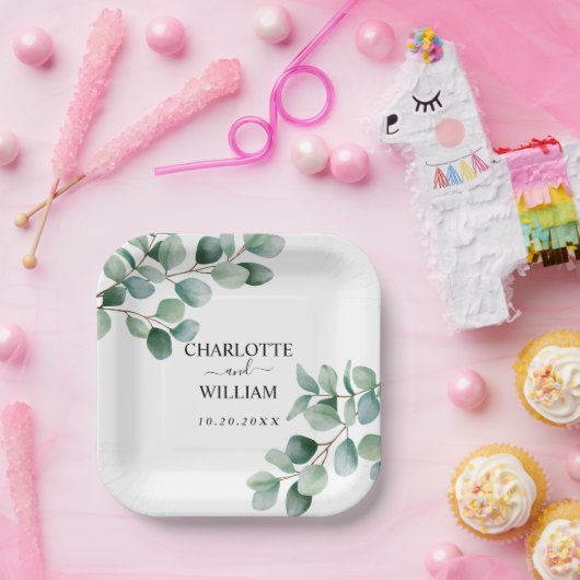 Moderne Eucalyptus Groene Huwelijk Papieren Bordje (Feest)