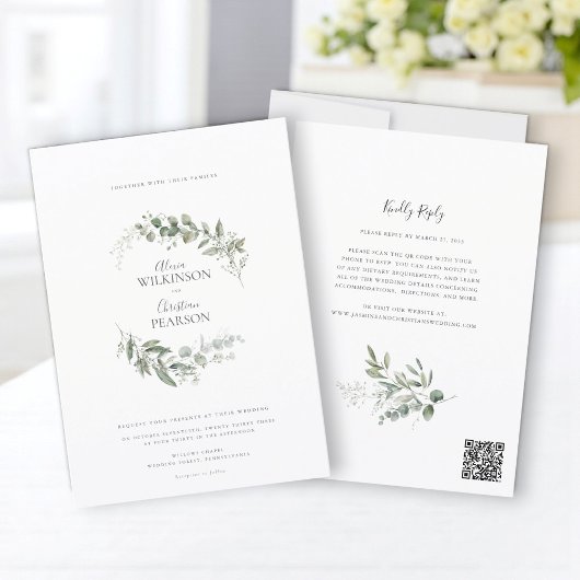 Moderne Eucalyptus Groene Huwelijks QR Code RSVP Kaart
