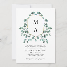 Moderne Eucalyptus Groene Monogram Bruiloft Kaart