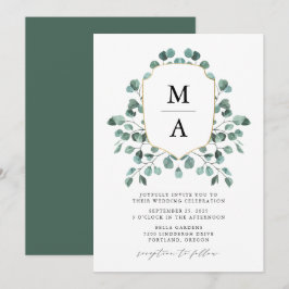 Moderne Eucalyptus Groene Monogram Bruiloft Kaart