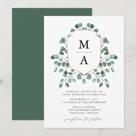 Moderne Eucalyptus Groene Monogram Bruiloft Kaart (Voorkant / Achterkant)
