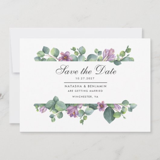 Moderne Eucalyptus Groene Script Save The Date (Voorkant)