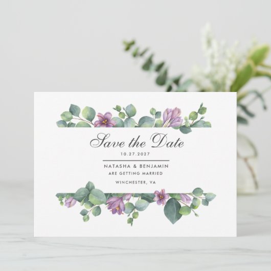 Moderne Eucalyptus Groene Script Save The Date (Staand voorkant)