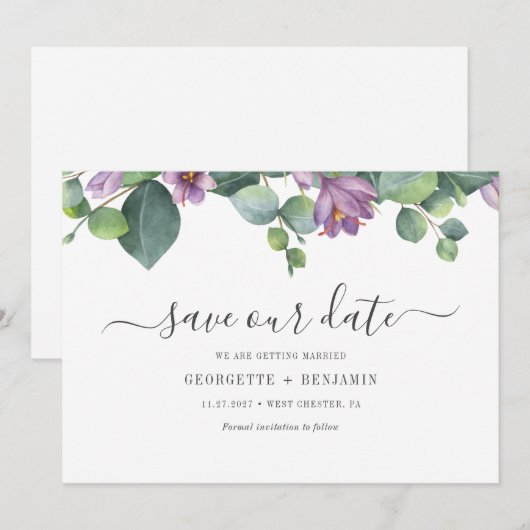 Moderne Eucalyptus Groene Script Save The Date (Voorkant / Achterkant)