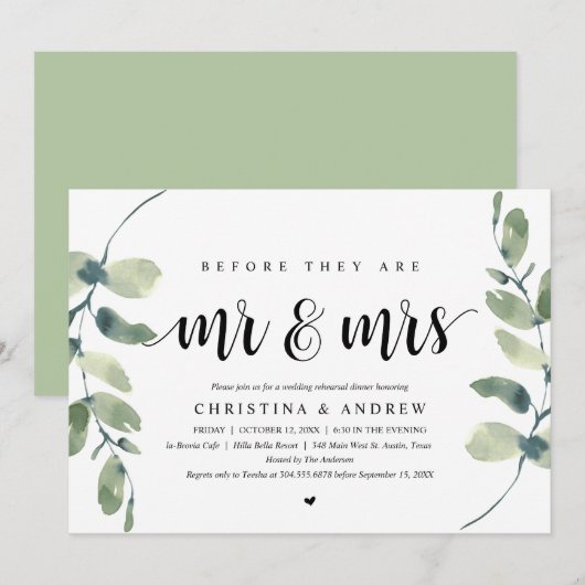 Moderne Eucalyptus, huwelijksrepetitie diner Kaart (Voorkant / Achterkant)