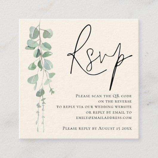 Moderne Eucalyptus Ivory Sage QR Code Weddenschap Informatiekaartje (Voorkant)