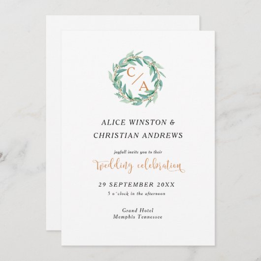 Moderne eucalyptus kalligrafie monogram uitnodigin kaart (Voorkant / Achterkant)